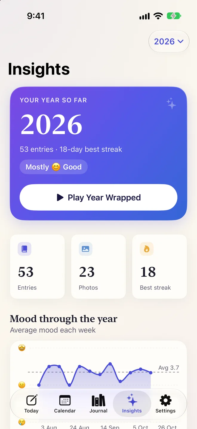 Insights: your year so far, with entries, photos, best streak and a mood chart