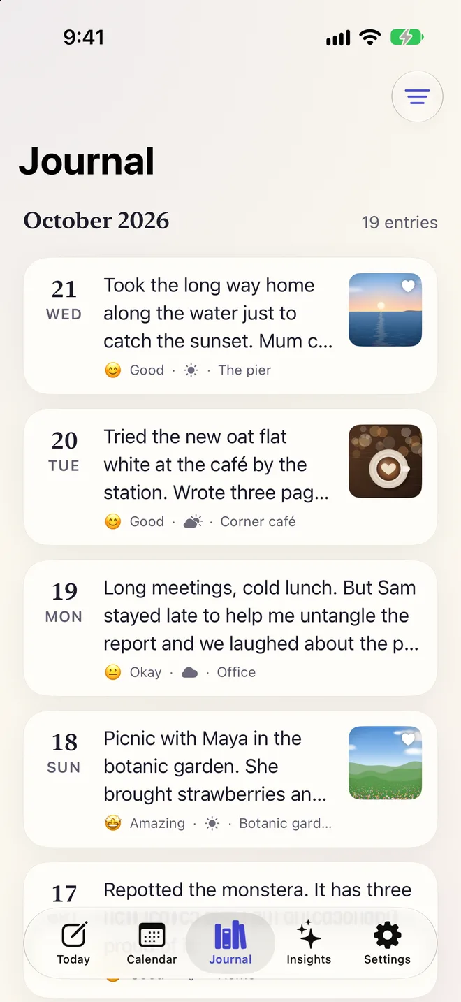 Journal: a searchable timeline of entries with photos and moods