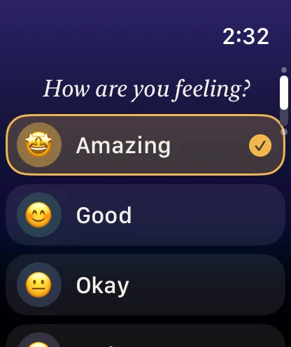 Apple Watch mood picker: Amazing, Good, Okay
