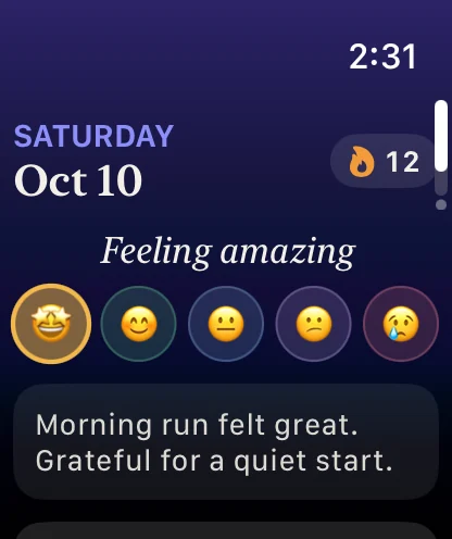 Apple Watch showing today: feeling amazing, a 12-day streak and a dictated note