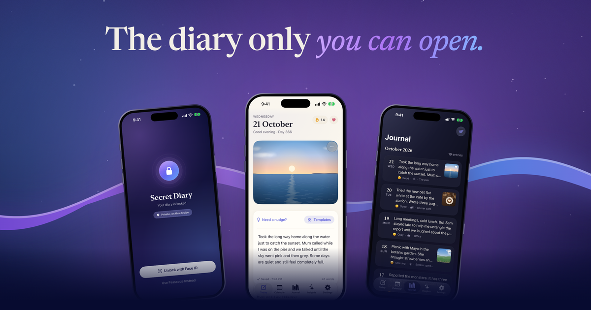 Secret Diary banner: The diary only you can open, over the lock screen, the Today page and the Journal