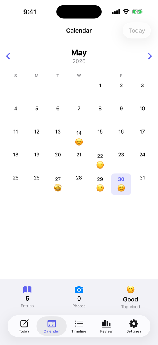 Secret Diary calendar view with mood markers