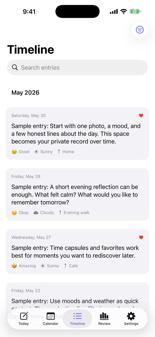 Secret Diary timeline of journal entries