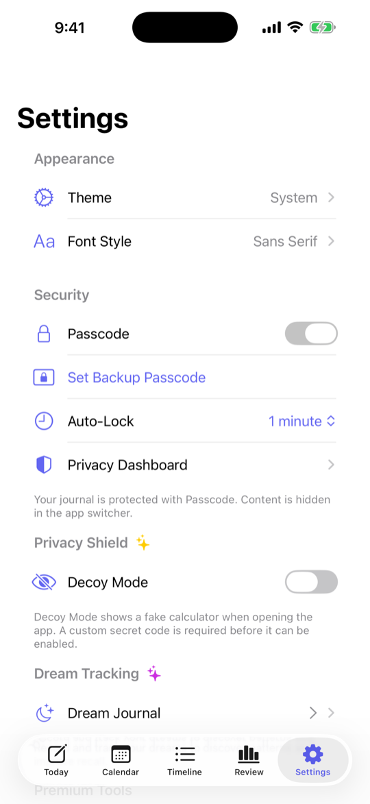 Secret Diary settings: security and privacy controls