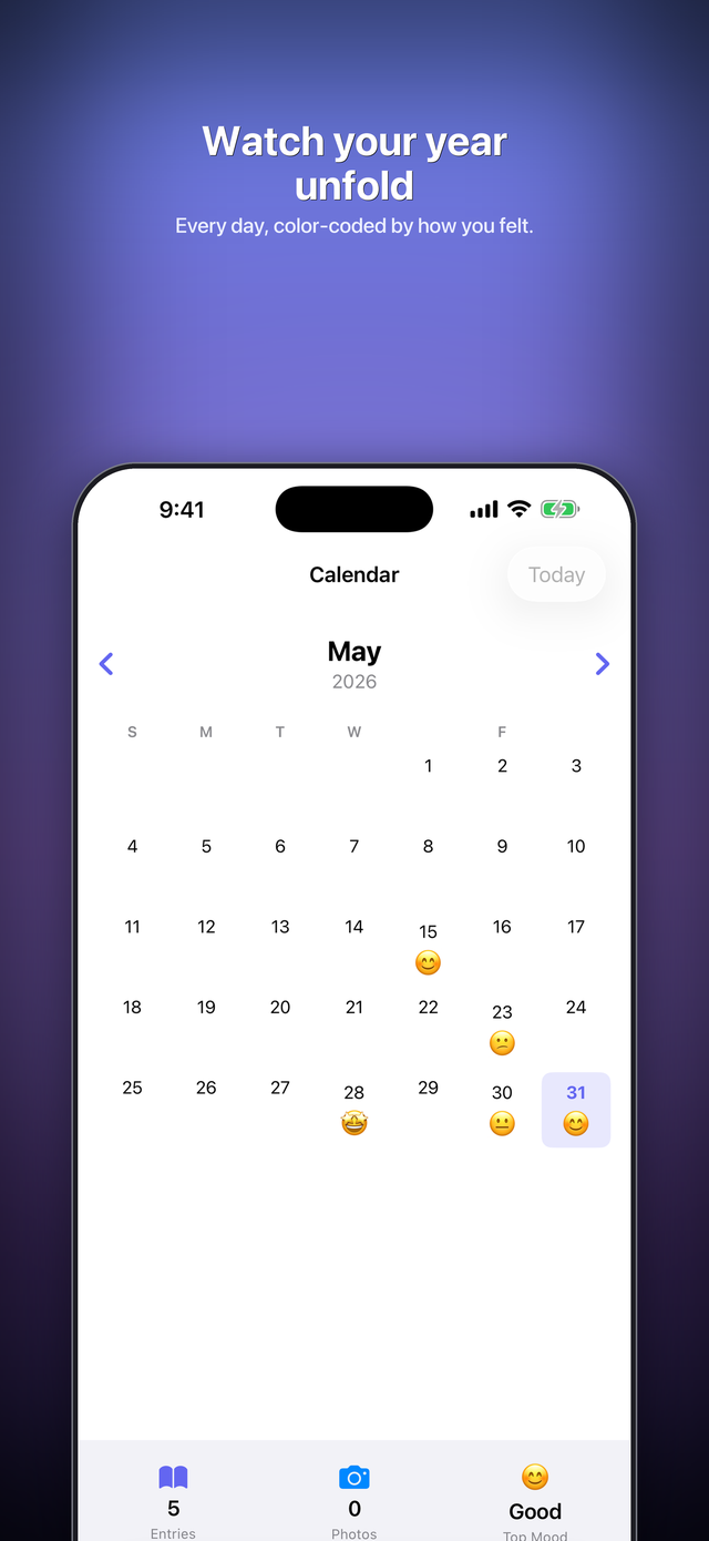 Calendar with mood markers on each day