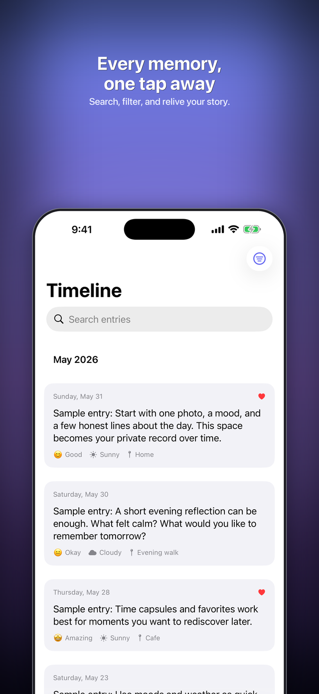 Searchable timeline of journal entries