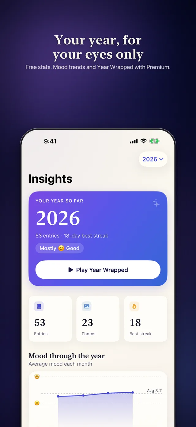 Insights: the year so far, with entries, photos and best streak, and the mood chart (Premium)
