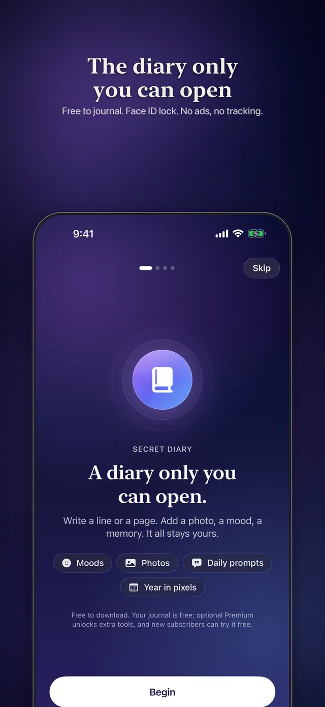 Welcome screen: the diary only you can open