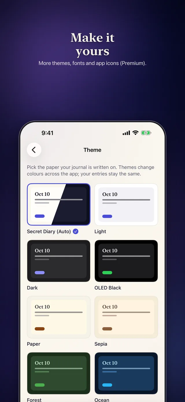 Theme picker with paper, sepia, forest, ocean and dark themes